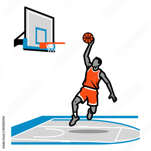 Energetic basketball player illustration launching a shot towards the hoop with determination and