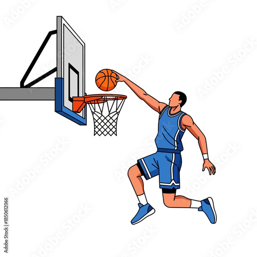 Dynamic basketball player poised for a slam dunk against a white background illustration