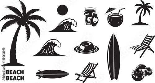 Black beach icons set with palm trees and surfboards