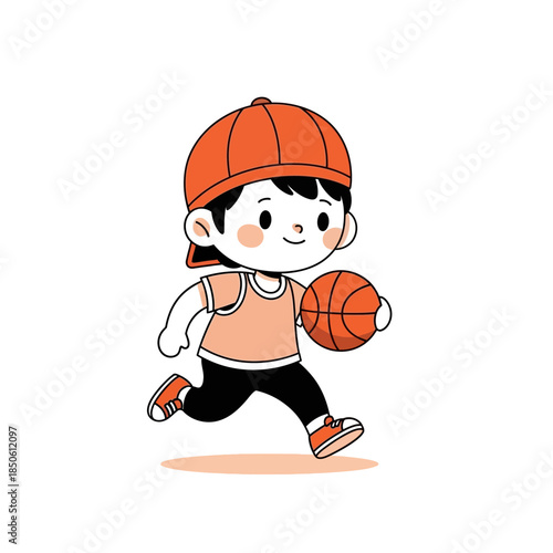 Energetic kid dribbling a basketball with enthusiasm and wearing a cap creating a delightful scene