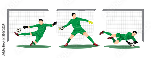 Goalkeeper is saving the ball, Set of football or soccer player cartoon characters, Flat design, Isolated on white background, Vector illustration