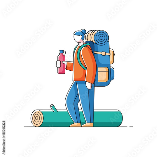 A stylized illustration showcasing a solitary female hiker trekking with a large backpack and
