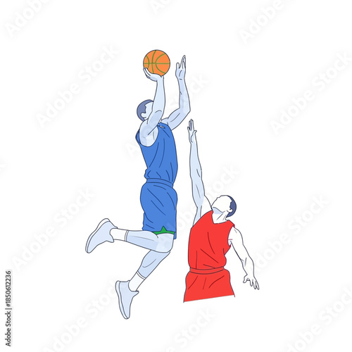 Dynamic basketball duel capturing the energy and competitive spirit of the game in minimalist style