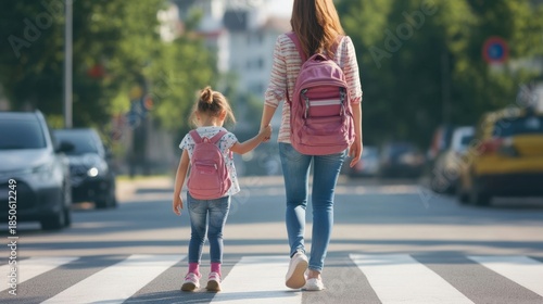 Mom and daughter crossing the street safely.