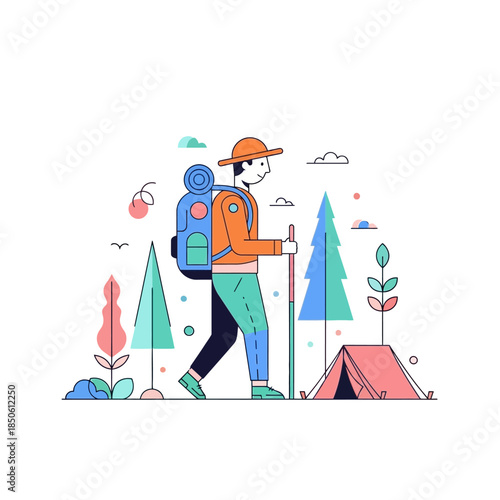 Flat vector illustration of a hiker exploring nature with camping gear amidst stylized scenery