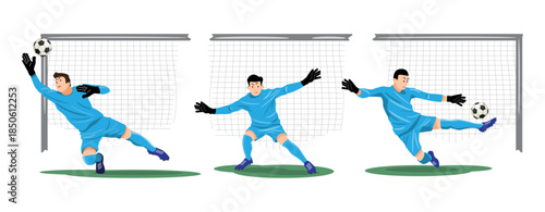 Goalkeeper is saving the ball, Set of football or soccer player cartoon characters, Flat design, Isolated on white background, Vector illustration