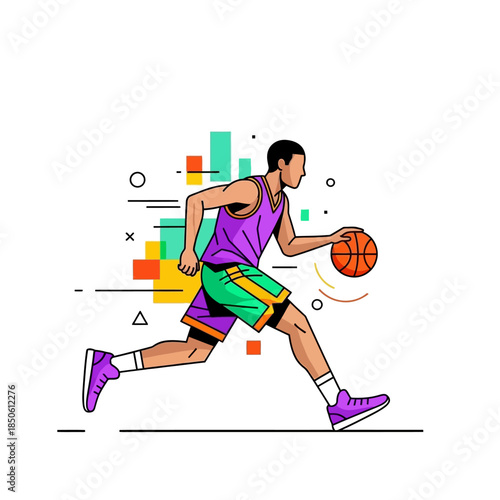 Dynamic basketball player illustration with abstract geometric shapes and vibrant color palette
