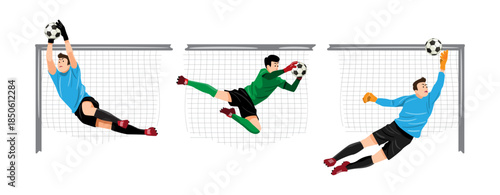 Goalkeeper is saving the ball, Set of football or soccer player cartoon characters, Flat design, Isolated on white background, Vector illustration