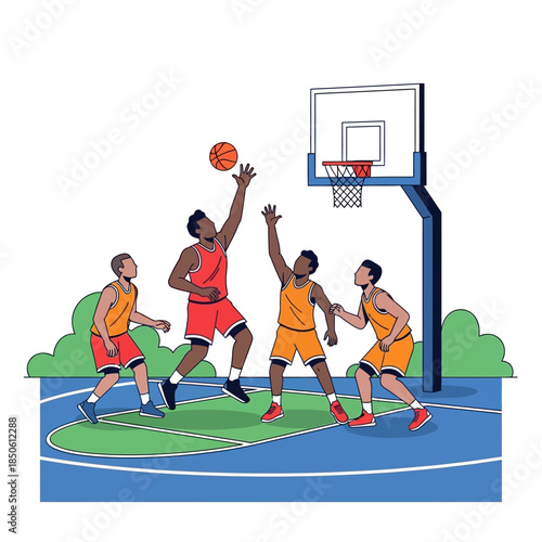 Dynamic basketball action showcasing athleticism and teamwork during intense match play