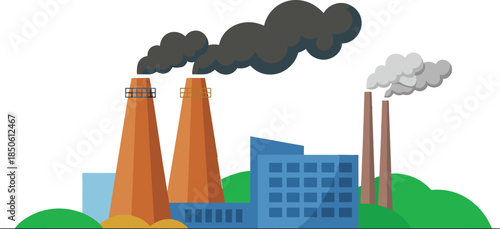 Flat design industrial factory illustration with smoke pollution power plant manufacturing building environmental concept vector background isolated on white