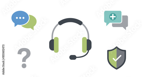 Modern flat design headset with boom microphone, dark gray and vibrant green accents.