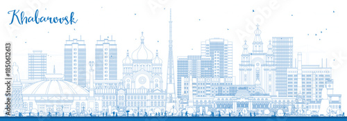 Outline Khabarovsk Russia city skyline with blue buildings. Illustration. Khabarovsk cityscape with landmarks. Business travel and tourism concept with modern and historic architecture.