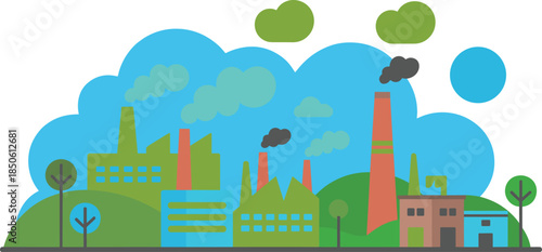 Flat minimalist industrial city landscape illustration showing factory smoke pollution nature contrast environmental impact concept vector background design
