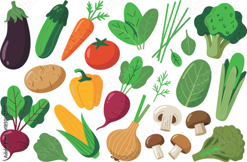 Fresh colorful vegetables collection illustration, healthy organic food, farm produce, vegan diet ingredients, flat design, natural nutrition concept