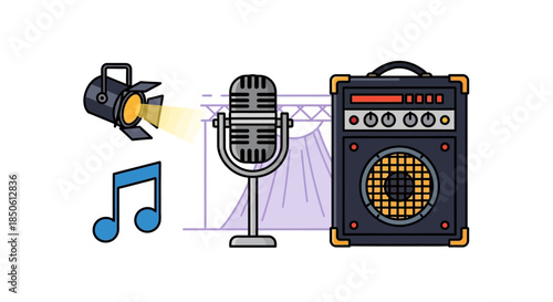Music Stage Equipment - Microphone, Amplifier, Spotlight, and Musical Note.