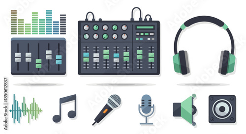 Music Production Equipment - Mixer, Headphones, Microphone, and Audio Elements.