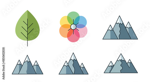 Nature Icons - Leaf, Flower, and Mountain Illustrations.