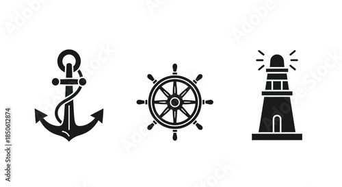 Nautical Icons - Anchor, Ship Wheel, and Lighthouse in Black Silhouette.