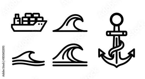 Nautical Icons - Ship, Waves, and Anchor in Minimalist Line Art.