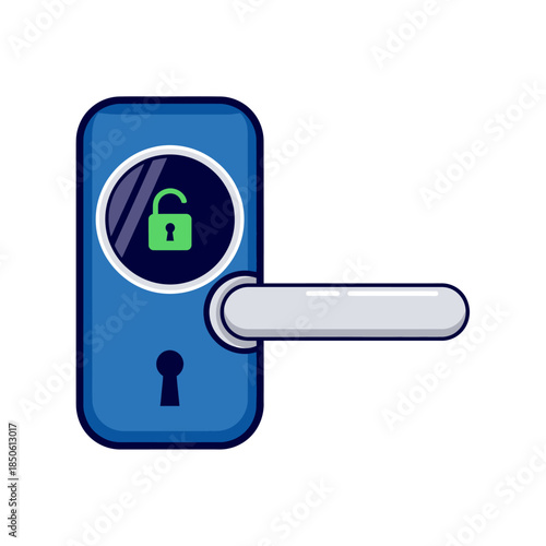 Modern blue smart door lock with a digital screen, green unlocked icon, and a sleek silver handle.