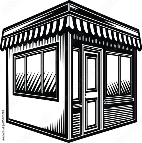 Monochrome storefront illustration of a vintage shop with classic design concept