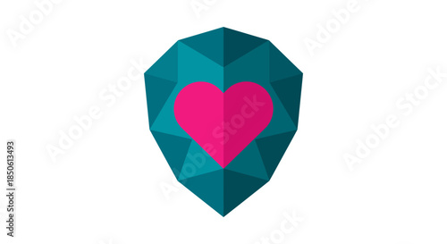 geometric heart logo inside teal faceted gemstone shield icon on white background symbolizing love protection and brand identity