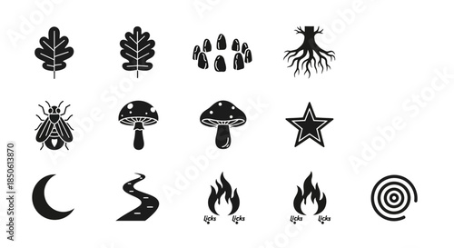 Black icons of various natural and mythical symbols.