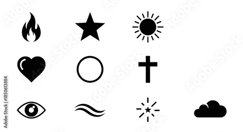 Black icons of various religious and universal symbols.