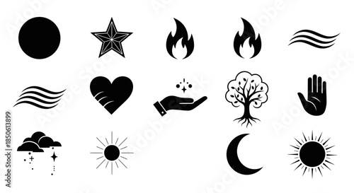 Black icons of various symbolic objects.