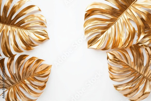 golden metallic monstera leaves arranged around a white center creating an elegant luxurious tropical decorative composition