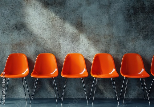 Row of bright orange plastic chairs with slender metal legs against a textured concrete wall lit by a diagonal shaft of light, evoking quiet anticipation and calm