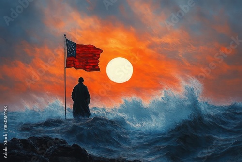 Silhouette of a lone figure beside an American flag on a rocky shore as a huge sun sets over stormy ocean waves, evoking solemn resolve