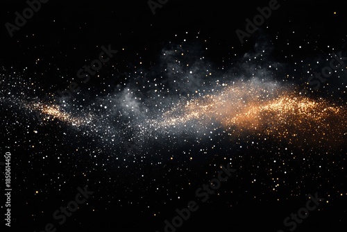 Ethereal band of gold and white cosmic dust and smoke sweeping across deep black space, sparkling stars and glitter evoking awe and mystery