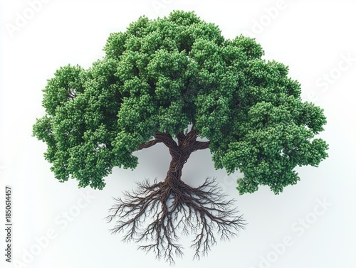 lush green tree with dense leafy canopy and exposed intricate roots and twisted trunk evoking resilience serenity and balance on a clean white background