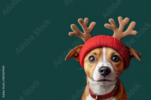 cheerful small brown and white dog wearing a red knit reindeer hat with soft antlers and a festive collar against a dark green background