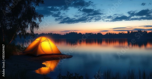 Warm glowing tent on a quiet lakeshore at twilight with calm reflective water, silhouetted trees and colorful sunset sky conveying peaceful cozy solitude