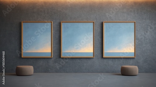 Three framed minimalist seascape paintings on a textured concrete gallery wall with warm overhead lighting and two round poufs, evoking calm contemplative serenity