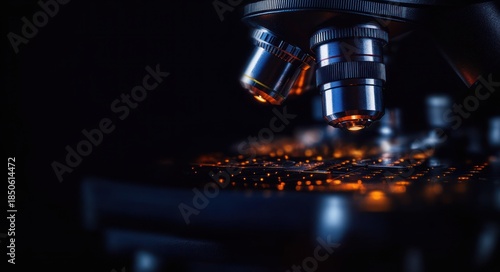 close-up of microscope objective lenses inspecting a glowing orange lit circuit board with dramatic high-tech precision and focused curiosity