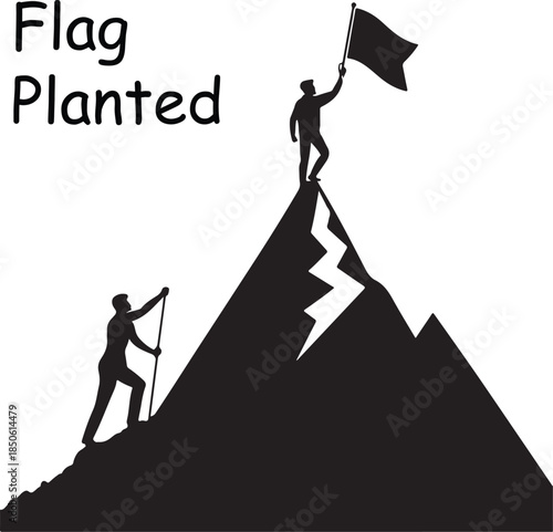 Flag planted on peak of arrow-shaped mountain, market dominance and success strategy icon, vector silhouette