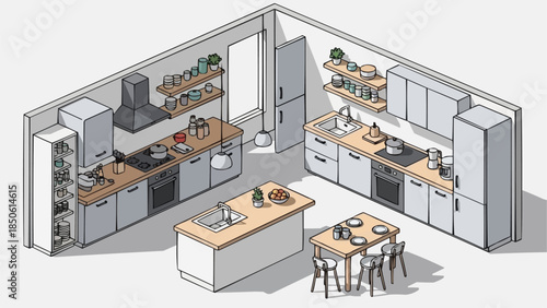 Modern Kitchen Interior Design with Island and Dining Area.