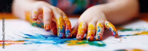 close up of child paint covered hands spreading bright blue yellow and green finger paint on paper, playful messy creative moment