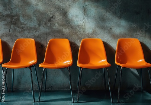 Row of empty orange chairs against a textured concrete wall with soft light and long shadows, evoking quiet anticipation and solitude