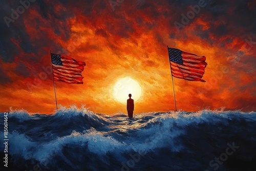 Solitary silhouette standing amid turbulent ocean waves at a fiery sunset between two waving American flags, dramatic and contemplative mood