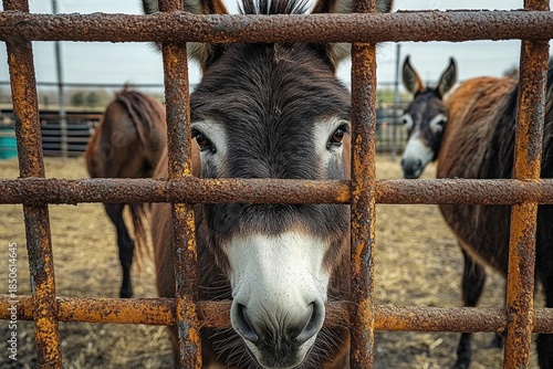 Curious donkey face and nose pressed against a rusty metal grid fence with two donkeys in a muddy farm enclosure, gazing with gentle pleading curiosity
