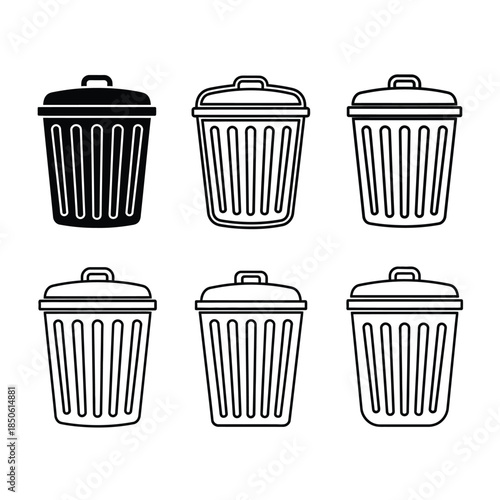 Trash Cans in Grid: Black and White Icon Set for Waste Management and Recycling