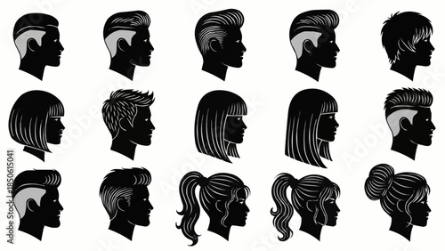 Collection of Diverse Hairstyles and Silhouettes of Human Heads.