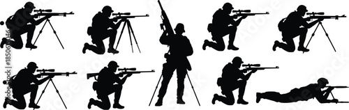 Military soldier silhouettes, tactical rifle positions, shooting stances, army training, combat posture, black vector icons, war illustration
