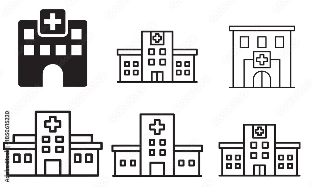 Obraz premium A collection of six minimalist flat and outline style icons representing a hospital building
