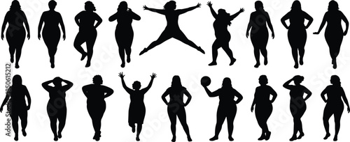 Plus size women silhouettes collection, diverse body shapes, confident poses, body positivity, fashion, lifestyle, movement, illustration set