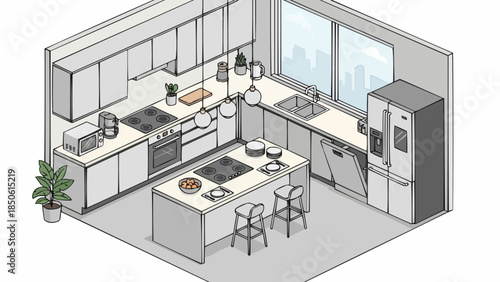 Modern Isometric Kitchen Design with Island and Appliances.